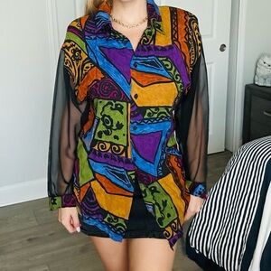 City Chic Multicolor Geometric Blouse with Sheer Sleeves